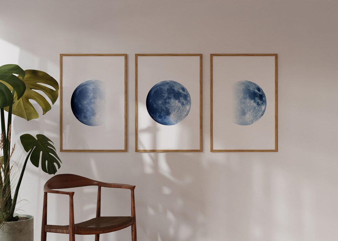 Moon Art Prints Set, Blue Wall Art Moon Phases Lunar Posters Set of 3 ...
