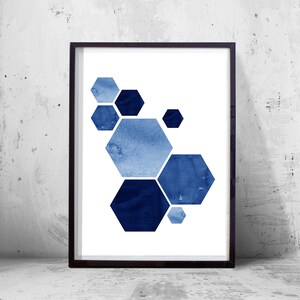 Set of 3 Abstract Watercolor Prints Indigo Blue art Navy Wall art Geometric Prints Hexagon Minimalist art Scandinavian Nordic Prints Boho image 7