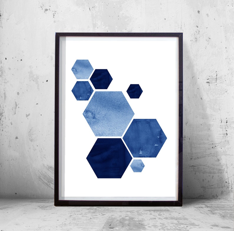 Set of 3 Abstract Watercolor Prints Indigo Blue art Navy Wall art Geometric Prints Hexagon Minimalist art Scandinavian Nordic Prints Boho image 7