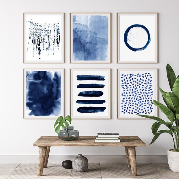 Abstract Painting Set Large Wall Art Indigo Blue Art Etsy