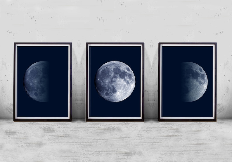 Moon Prints Set Lunar Phases Navy Wall art Coastal Decor Etsy