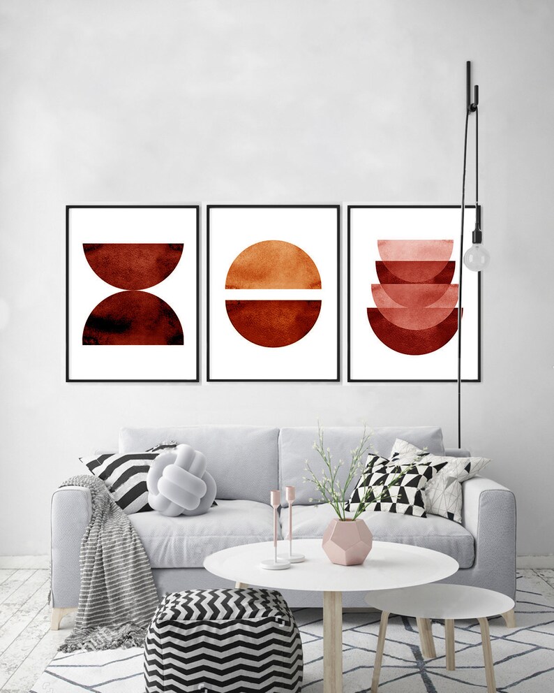 Burnt Orange Print Set Geometric Wall art Set of 3 Abstract Watercolor Paintings Boho Home Decor Minimalist art Circle Terracotta Paintings