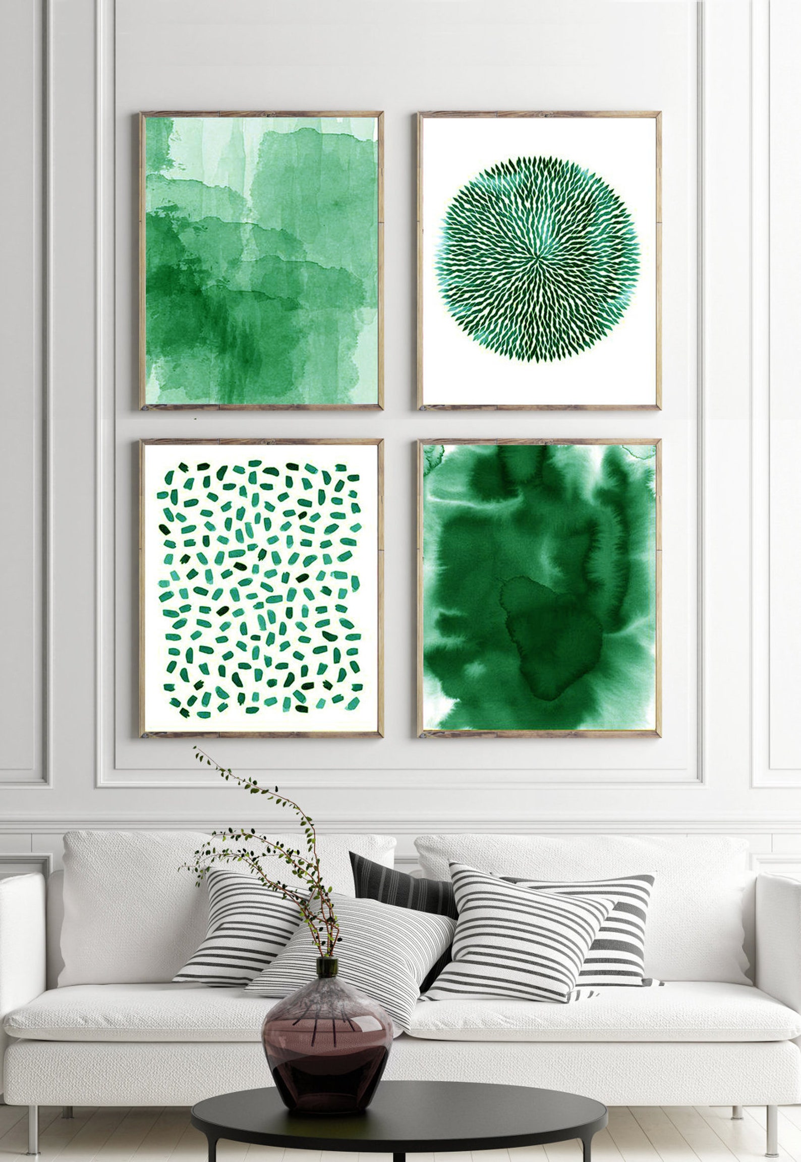 Emerald Green Wall Art Set of 4 Prints Abstract Watercolor Etsy