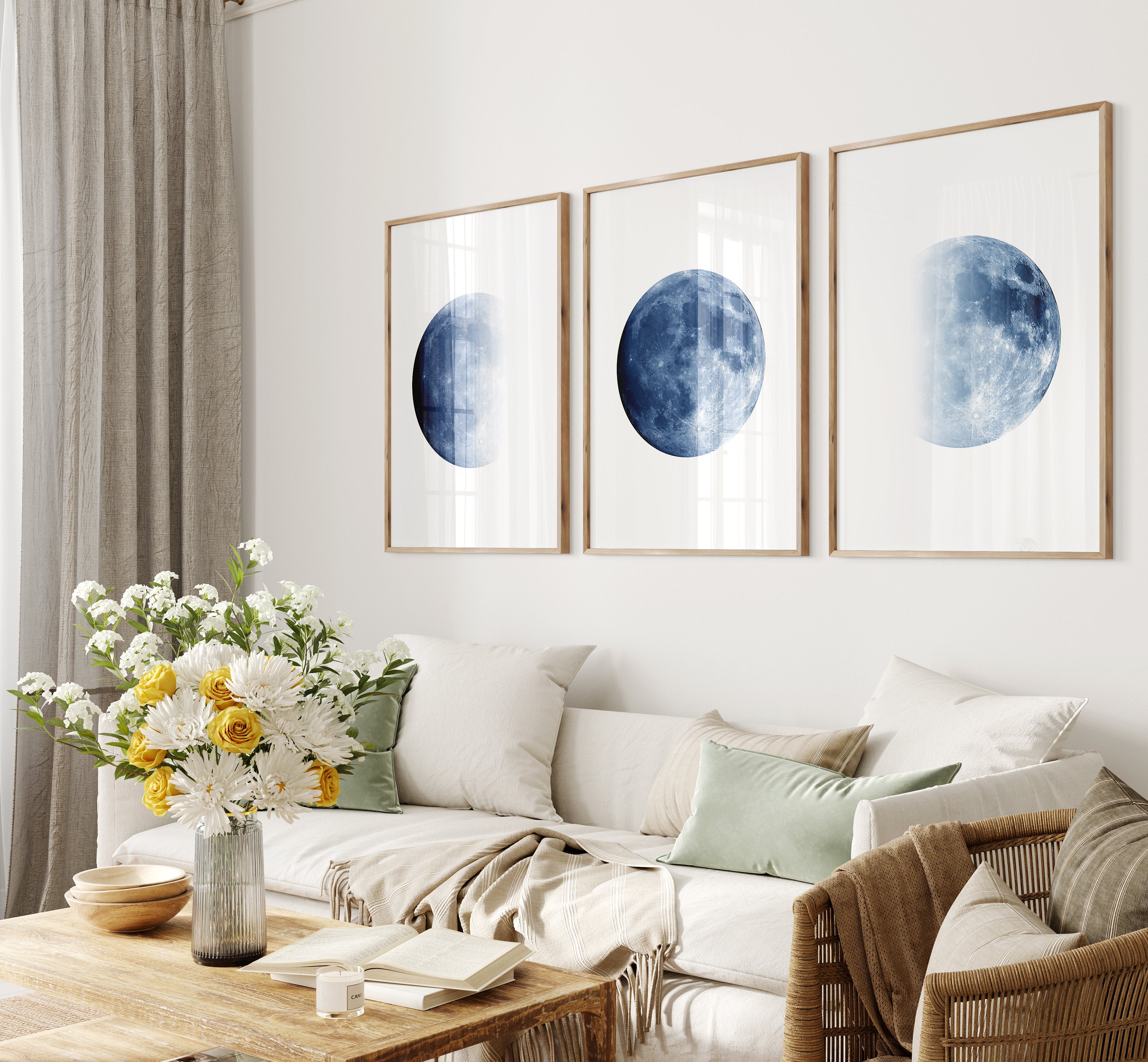 Moon Art Prints Set, Blue Wall Art Moon Phases Lunar Posters Set of 3 ...