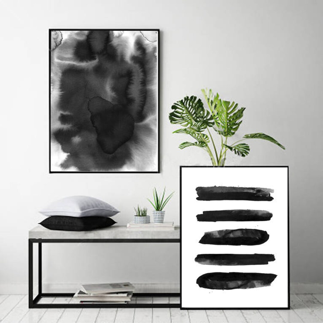 Abstract Watercolor Prints Set of 2 Paintings Black White Wall Art ...