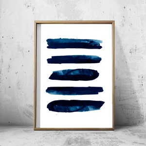 Abstract Watercolor Set Indigo Blue Wall art Large Navy Prints Minimalist art Minimal Contemporary Modern art Paint Splatter Stripes Beach image 4