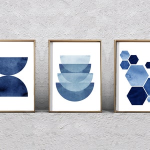 Set of 3 Abstract Watercolor Prints Indigo Blue art Navy Wall art Geometric Prints Hexagon Minimalist art Scandinavian Nordic Prints Boho image 1