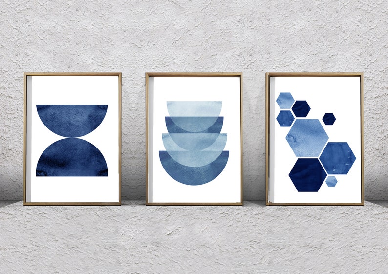 Set of 3 Abstract Watercolor Prints Indigo Blue art Navy Wall art Geometric Prints Hexagon Minimalist art Scandinavian Nordic Prints Boho image 1