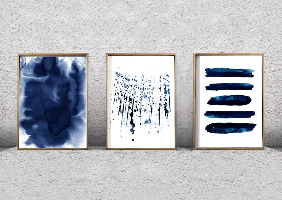Set of 3 Abstract Watercolor Prints Indigo Blue Navy Wall Art Geometric ...