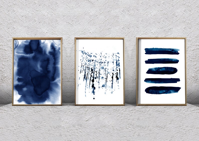 Set of 3 Abstract Watercolor Prints Indigo Blue Navy Wall Art Geometric ...