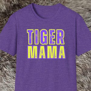 Tiger Mama Purple and Gold T-Shirt, College Spirit Tee, Tiger Mascot Shirt, Louisiana, University, Sports, Mother&#39;s Day