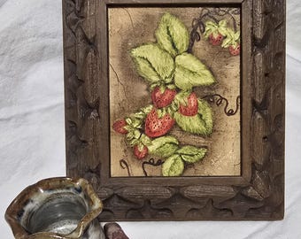Vintage 1970s Folk Art, artist signed wall art for your home decor, framed unique art, painted strawberry plant by Jan Spencer 2 of 2