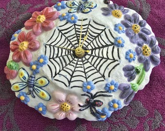 Vintage Ceramic Wall Clock with Spiderweb Design, Halloween decor, Insects art