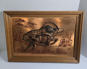 Vintage 1970s Copper Wall Art African Tusked Elephants 3D