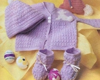 Crochet Newborn Sweater Booties Hat Set Bunny Up To Six Months Baby Crochet Set Vintage 90's Clothing Top Beanie Pompom Digital Tutorial Pdf