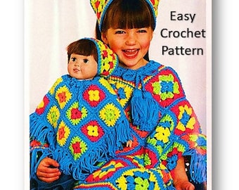 Poncho/PATRÓN de crochet/Conjunto para muñeca niña/Pañuelo para la cabeza/Talla infantil de 4 a 8 años/Trabajo fácil/Cuadrado de abuela/Flecos/Descargar
