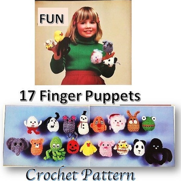 Crochet 17 Finger Puppets Pattern Vintage Stuffed Toy Theater Play Learn Child Game Kid Family Fun X-Mas Stocking Girl Boy Gift Doll Digital
