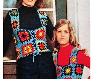 2 Crochet Vest Pattern Vintage 60's Granny Square Mother Child Set Boho Top Pdf Digital Jacket Cardigan Wrap