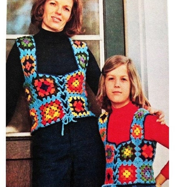 2 Crochet Vest Pattern Vintage 60's Granny Square Mother Child Set Boho Top Pdf Digital Jacket Cardigan Wrap