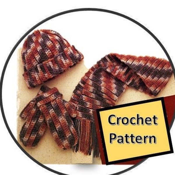 Crochet Hat Scarf Mittens Set Pattern Twin Teen Adult Size Hat One Size Fits All Women Men Girl Boy Winter Accessories Ski Skating Digital