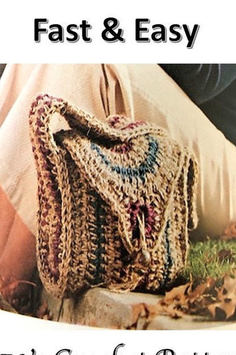 May include: A crocheted bag with a flap closure, featuring a mix of brown, blue, and burgundy yarn. The bag has a handle and a drawstring closure. The text "Fast & Easy" is at the top of the image.