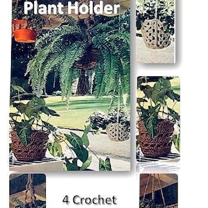 Op de afbeelding: Afbeelding met macramé plantenhangers met weelderig groen. De afbeelding bevat verschillende hangende plantenbakken, sommige met oranje potten en andere met geweven ontwerpen. Tekst luidt "Macramé Plantenhouder" en "4 Haakpatronen".