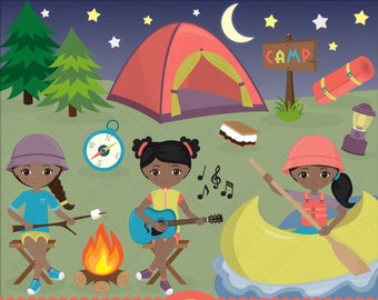 Girls Camping Clipart Pack Dark Skintone - Commercial Use, Vector Images, Digital Clip Art, Digital Images