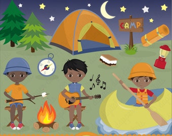 Boys Camping Clipart Pack Dark Skintone - Commercial Use, Vector Images, Digital Clip Art, Digital Images