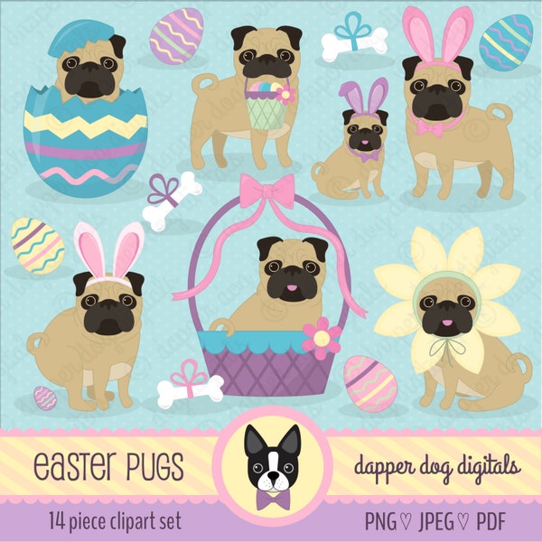 Easter Pug Clipart Pack - Commercial Use, Vector Images, Digital Clip Art, Digital Images