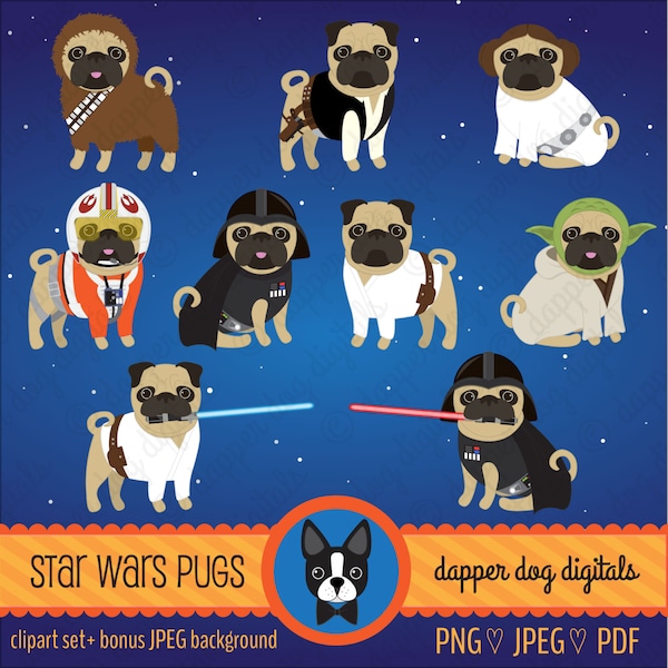 Pug Clipart Star Wars Set - Commercial Use, Vector Images, Digital Clip Art, Digital Images