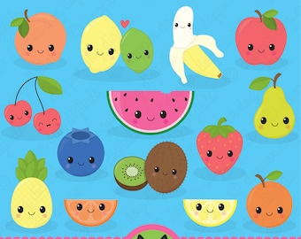 Kawaii Fruit Food Clipart Pack - Commercial Use, Vector Images, Digital Clip Art, Digital Images