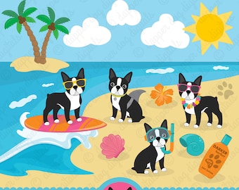 Boston Terrier Beach Dog Clipart Set - Commercial Use, Vector Images, Digital Clip Art, Digital Images