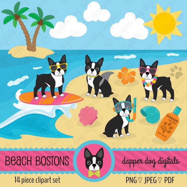 Boston Terrier Beach Hund Clipart Set - Kommerzielle Nutzung, Vektor Bilder, Digitale Clip Art, Digitale Bilder