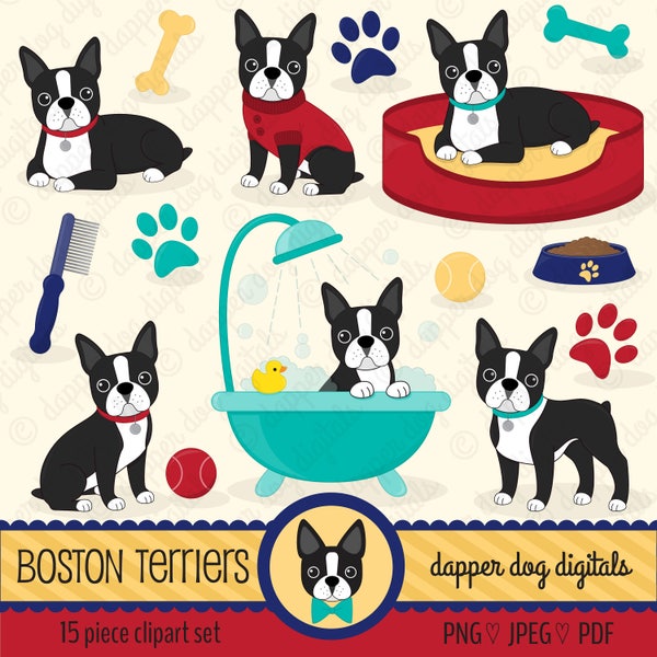 Boston Terrier Dog Clipart Pack - Commercial Use, Vector Images, Digital Clip Art, Digital Images