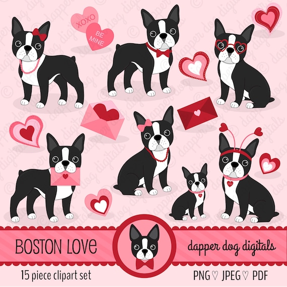 Boston Terrier Valentine Clipart Set Commercial Use Vector Etsy