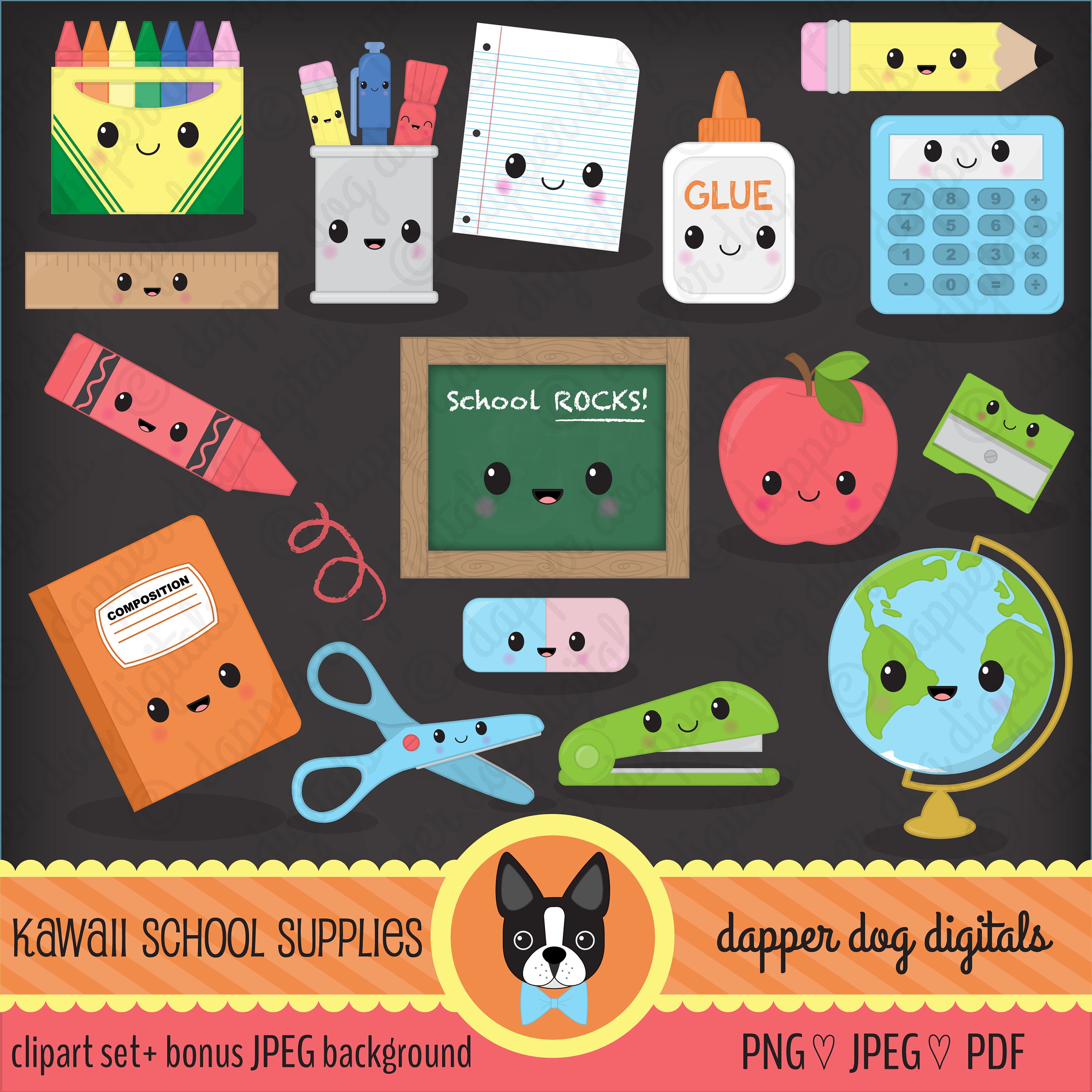 Kawaii School Supplies Clipart Pack Commercial Use Vector Etsy