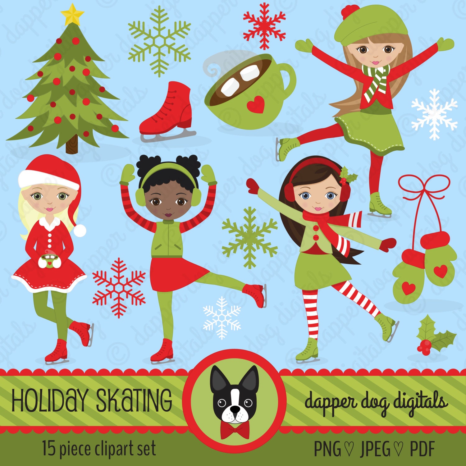 Christmas Ice Skating Clipart Pack Commercial Use, Vector Images