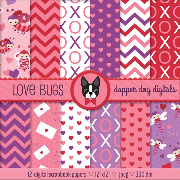 Love Bugs Valentine's Day Digital Paper Pack - Commercial Use, Scrapbook papers
