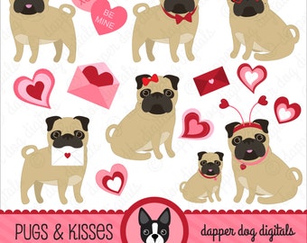 Pug Clipart Set Valentine's - Commercial Use, Vector Images, Digital Clip Art, Digital Images