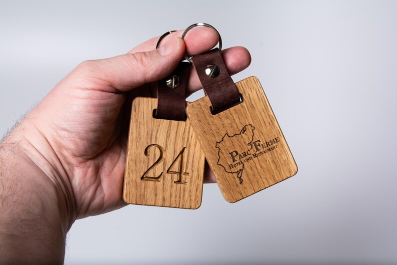 Personalized Wooden Hotel Keychain, Engraved Oak Key Fob image 12