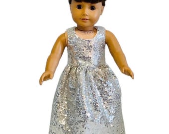 18 inch Doll Dress - silver dress - Silver Sequin gown - Fancy Gown - Holiday Party Dress