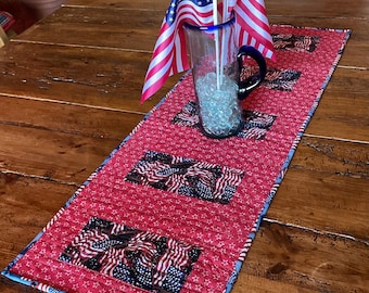 Quilted Patriotic Table Runner. Reversible. 14 in x 40 in.
