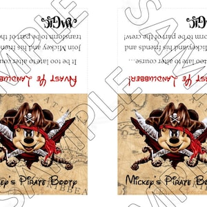 May include: A design featuring Mickey Mouse as a pirate, wearing a brown hat with a skull and crossbones, a red bandana, and crossed swords. The text reads "Mickey's Pirate Booty" and "Avast Ye Landlubber!" on a map background.