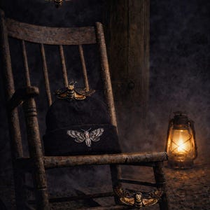 Gorro gótico de invierno con calavera bordada de polilla