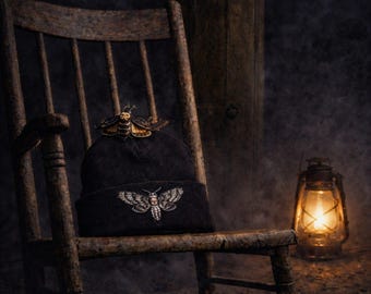 Embroidered Death Head Moth Beanie - Goth Winter Hat