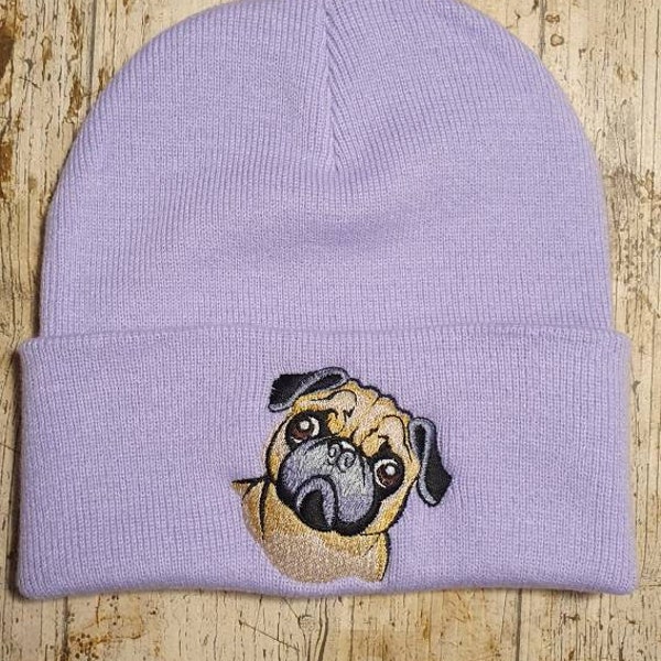 Cute pug embroidered bobble hat pug lover gift idea customisable