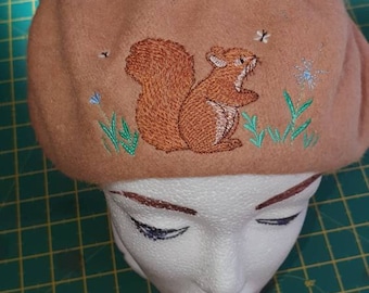Embroidered Squirrel Beret - Cute Autumn Woodland Style
