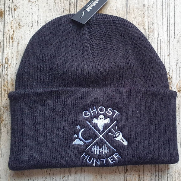 Ghost hunter creepy cute goth embroidered black beanie hat paranormal spooky haunting poltergeist ghoul