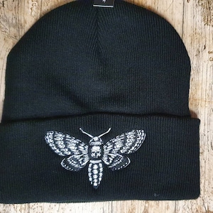 Stunning embroidered death head moth black winter beanie hat alternative goth emo
