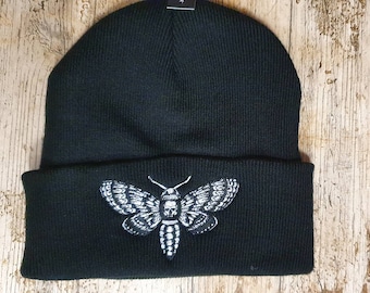 Stunning embroidered death head moth black winter beanie hat alternative goth emo